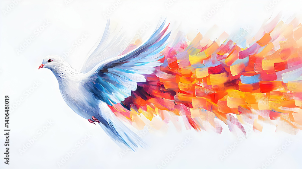 Fototapeta premium A White Dove Soaring with Vibrant Colorful Abstract Wings in Motion