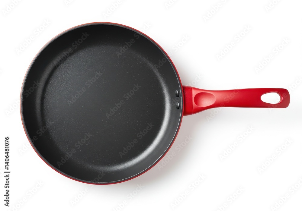 A top view of a red frying pan with a black interior on a plain white surface in a studio shot A top view of a red frying pan with a black interior on a plain white surface in a studio shot