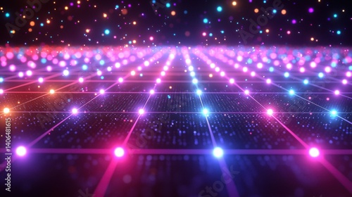 A vibrant digital landscape filled with colorful lights, creating a mesmerizing grid pattern that evokes a futuristic aesthetic.