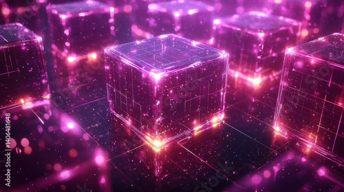 A vibrant digital landscape featuring glowing cubes, interconnected by luminous lines, creating a futuristic and technological atmosphere.