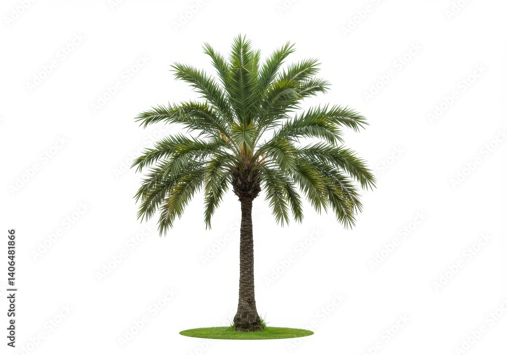 Obraz premium A single date palm tree with green fronds isolated on a plain white background in a studio shot