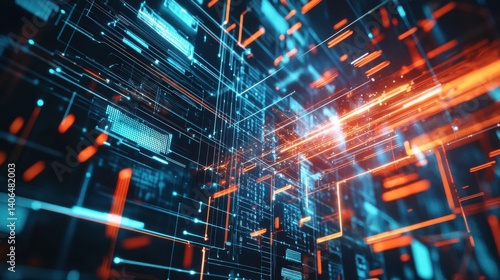 A vibrant, digital abstract image featuring glowing lines and grids, suggesting a futuristic technology or data environment.