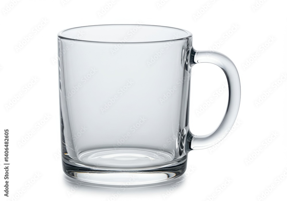 A clear glass mug with a handle is displayed on a white background in a studio setting view A clear glass mug with a handle is displayed on a white background in a studio setting view