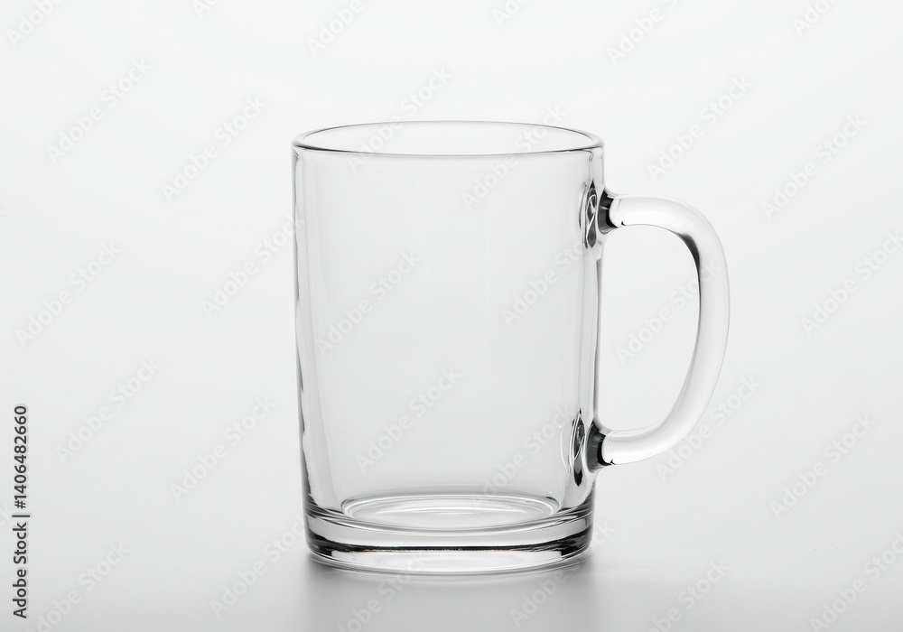 A clear glass mug with a handle is centered on a white background in a studio setting light A clear glass mug with a handle is centered on a white background in a studio setting light