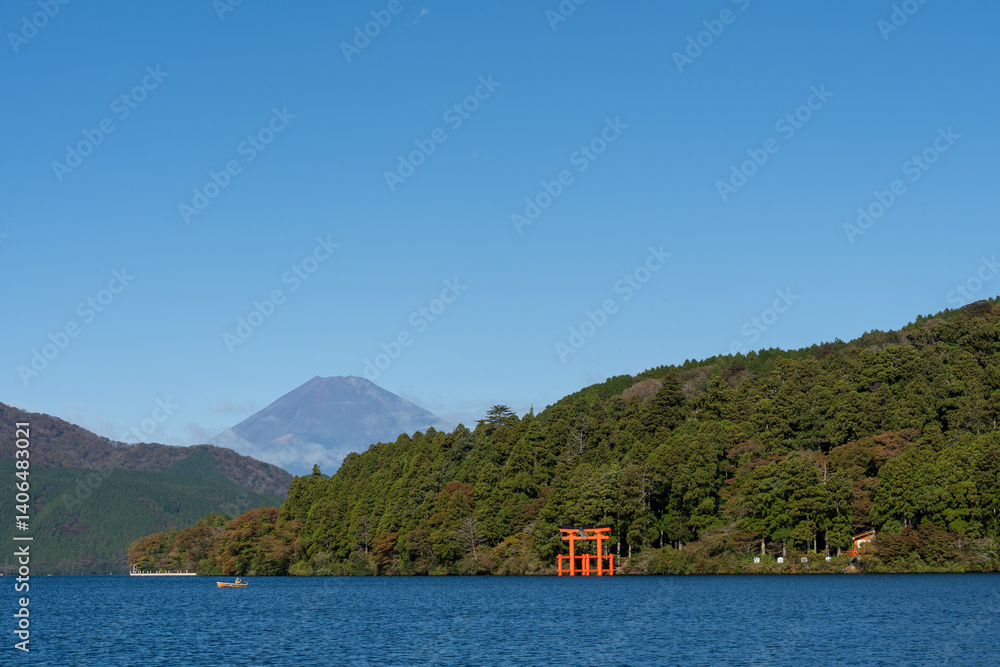 Mount Fuji and the red Torii gate, Lake Ashi, Hakone, Japan Mount Fuji and the red Torii gate, Lake Ashi, Hakone, Japan