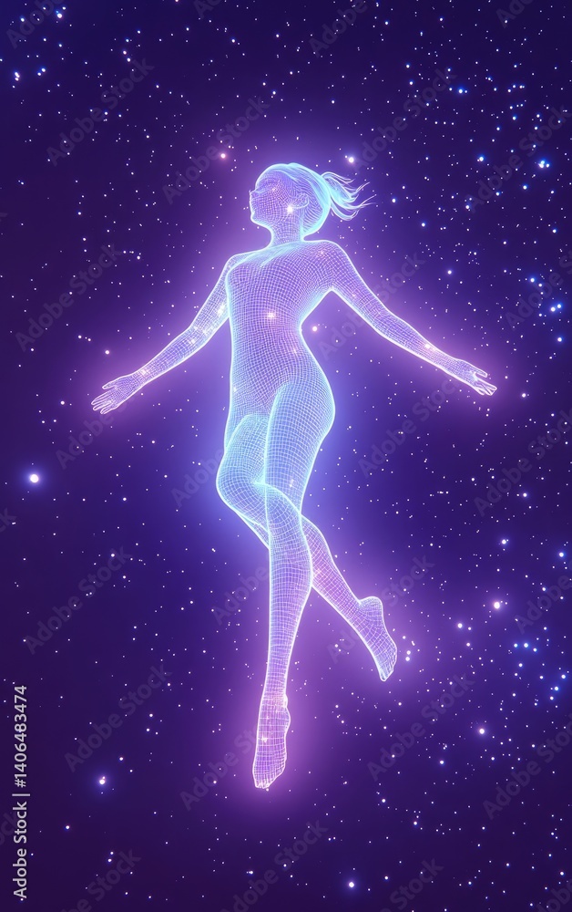Naklejka premium Futuristic 3D Illustration of Woman Floating in Outer Space in White Glowing Bodysuit, Full Body Astronaut Sci-Fi Character Against Starry Purple Galaxy Background