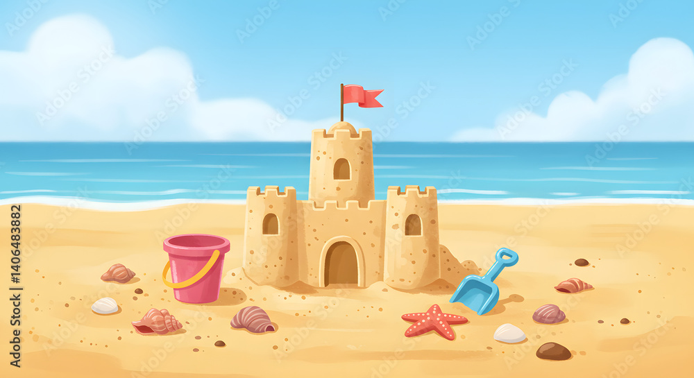 Building Sandcastle on Beach with Bucket and Shovel Building Sandcastle on Beach with Bucket and Shovel