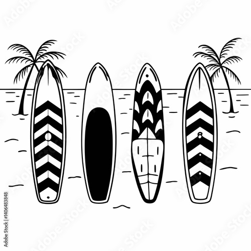 Four Paddleboards Resting on a Sandy Beach Near Palm Trees Summer Vacation Design, Kid's Coloring Book Style