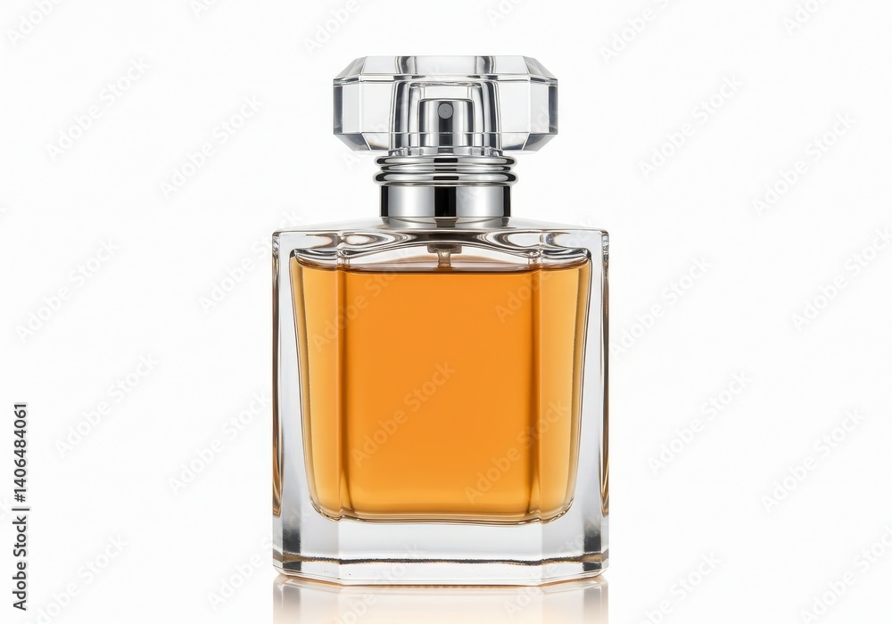 A square glass perfume bottle with an amber liquid and a clear faceted cap on a white background A square glass perfume bottle with an amber liquid and a clear faceted cap on a white background