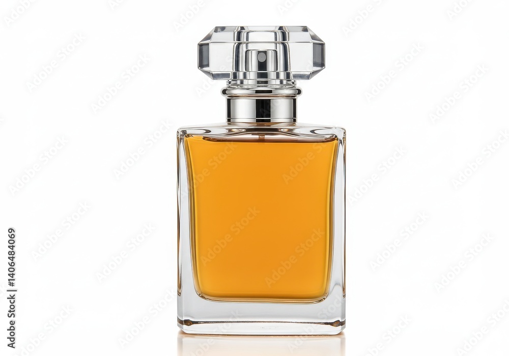 Close up of a square perfume bottle with amber liquid and a clear faceted cap on a white background Close up of a square perfume bottle with amber liquid and a clear faceted cap on a white background