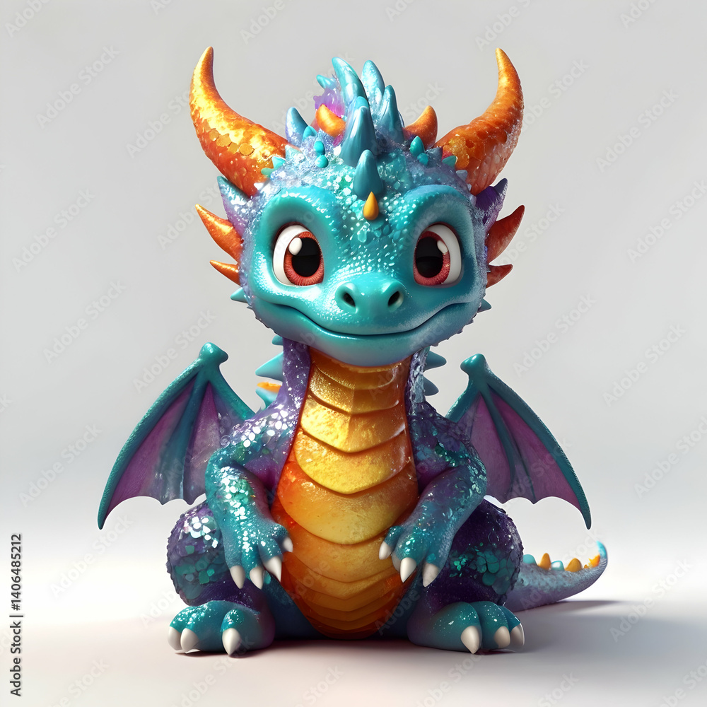 Fototapeta premium Blue cute baby dragon with glitter and sparkle on the scales, with big eyes and horns, wings spreading delicately, revealing shimmering scales against soft gray backdrop