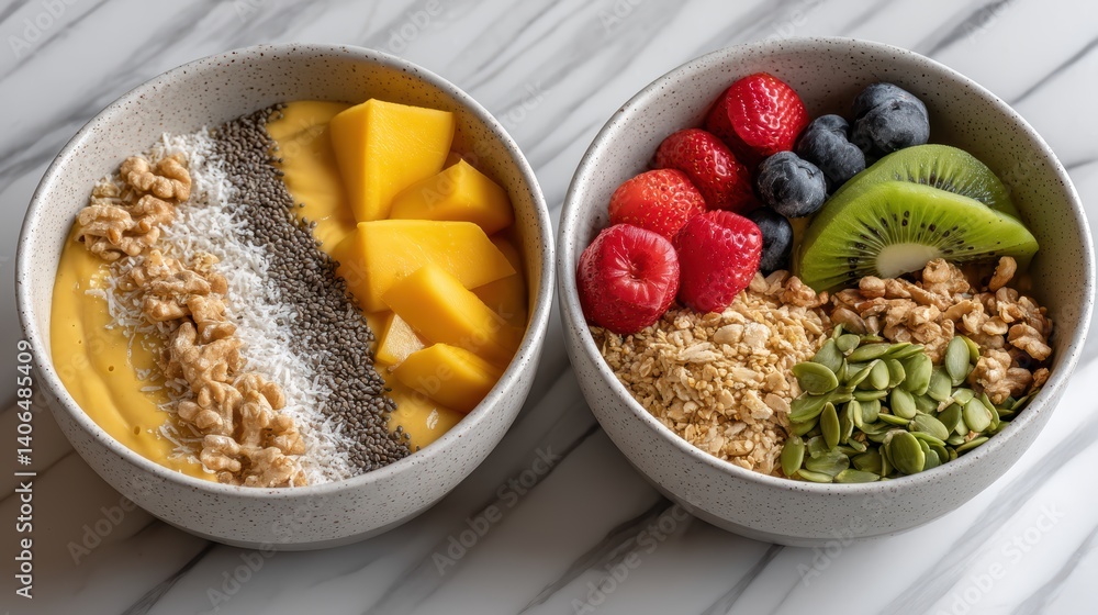 Two bowls overflowing with fresh fruit and assorted nuts, a healthy delicious treat for any time of day Two bowls overflowing with fresh fruit and assorted nuts, a healthy delicious treat for any time of day