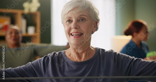 Wallpaper Mural Physical therapy, mature woman and resistance band for rehabilitation, wellness and body health. Physiotherapy, people and stretching for fitness, exercise or training help with nurse in group class Torontodigital.ca