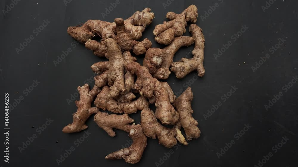 Ginger root falling in slow motion ,black chopping board Ginger root falling in slow motion ,black chopping board