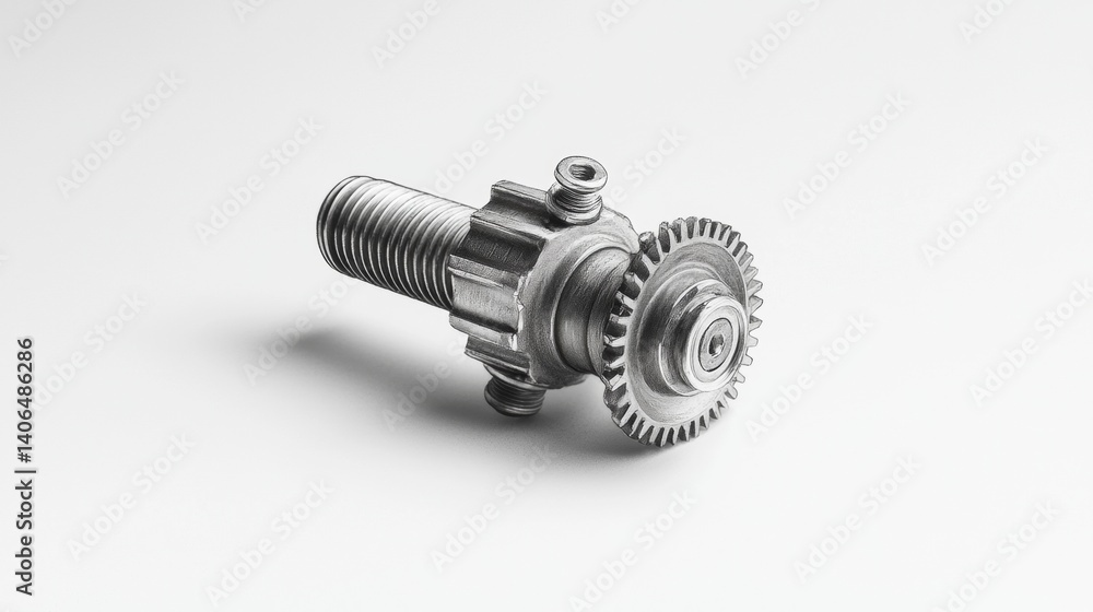Metal gear component with threaded shaft and intricate design placed on a white background Metal gear component with threaded shaft and intricate design placed on a white background