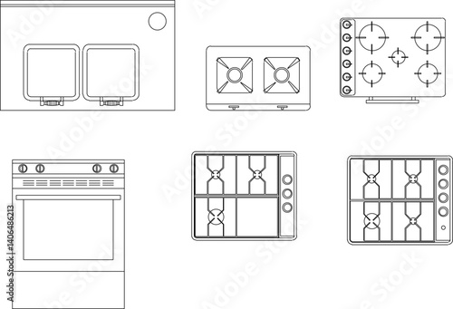 silhouette design vector illustration sketch drawing of kitchen interior furniture stove oven for cooking food 