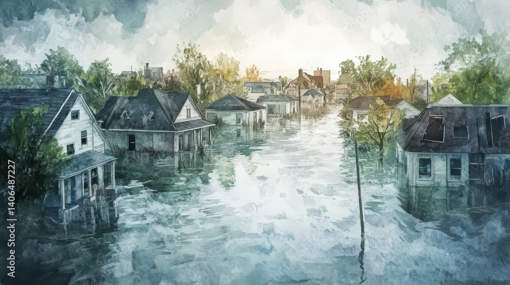 Fototapeta premium Submerged suburban homes reflect a devastating flood.