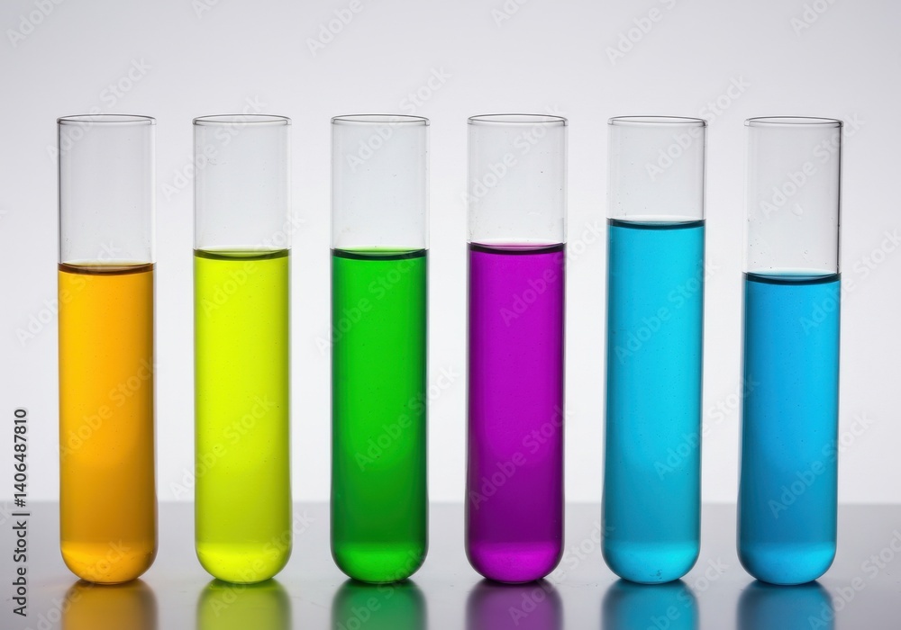 Six test tubes filled with liquids of various colors arranged in a laboratory setting Six test tubes filled with liquids of various colors arranged in a laboratory setting