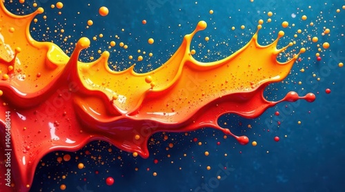 Dynamic Splashes of Vibrant Red and Orange Paint Exploding Against a Deep Blue Background