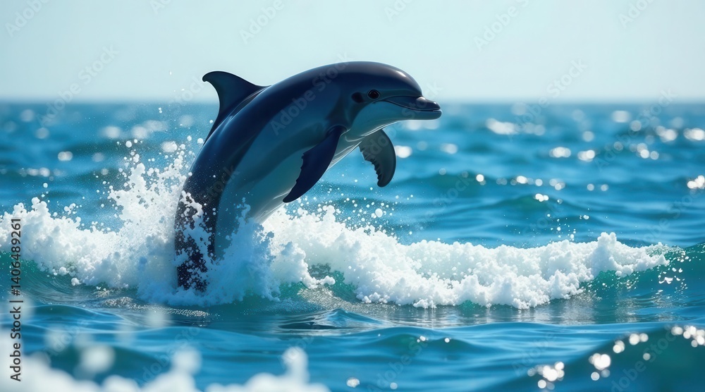 Obraz premium A playful marine mammal leaps from the ocean waves, creating a burst of white foam.