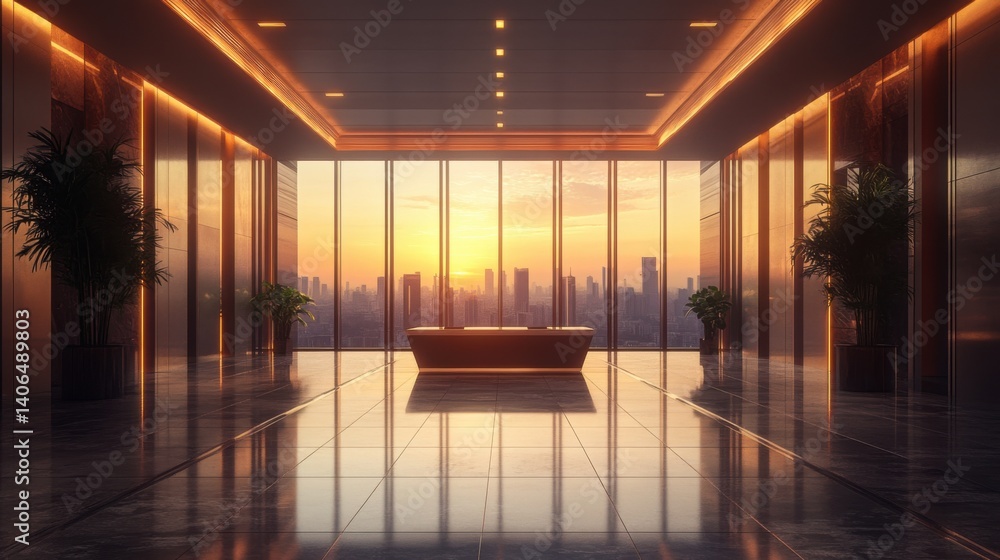 A modern office space with large windows showcasing a sunset skyline, featuring sleek decor and plants for a stylish ambiance. A modern office space with large windows showcasing a sunset skyline, featuring sleek decor and plants for a stylish ambiance.