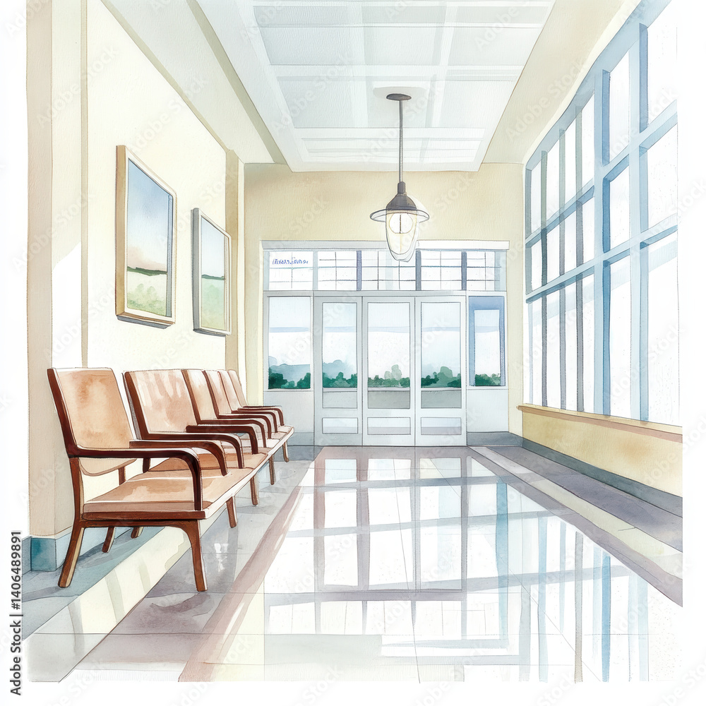 Fototapeta premium Serene Waiting Area with Wooden Chairs and Bright Natural Light