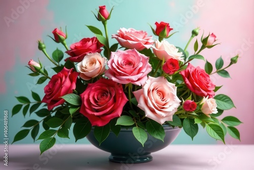 A Lovely Arrangement of Pink and Red Roses in a Decorative Bowl, a Stunning Floral Display for Any Occasion
