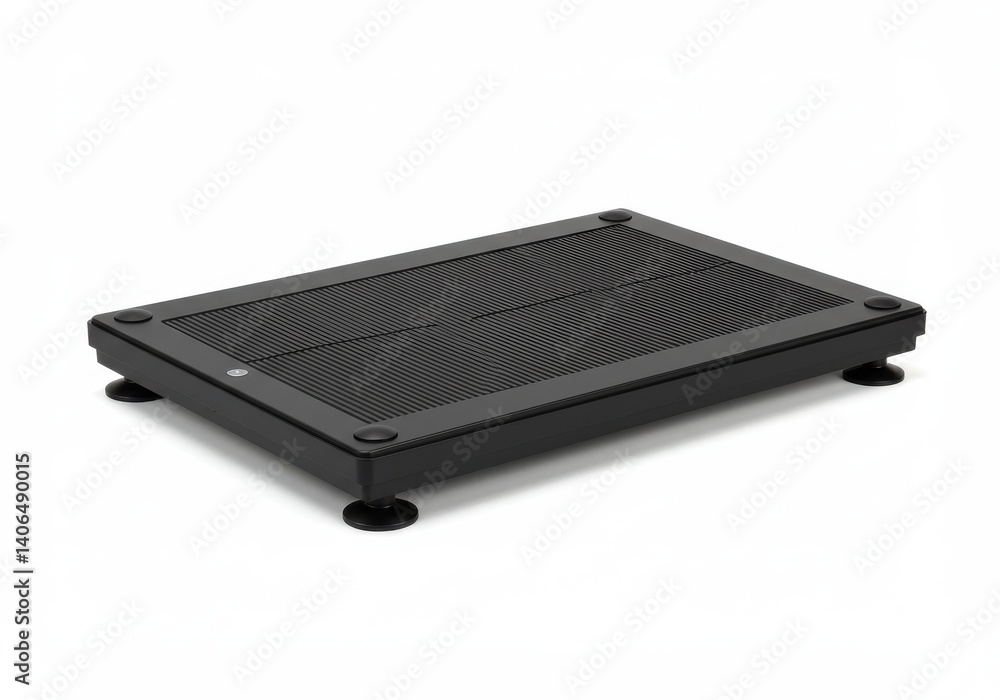 A black rectangular platform with a textured surface and small round feet on a white background A black rectangular platform with a textured surface and small round feet on a white background