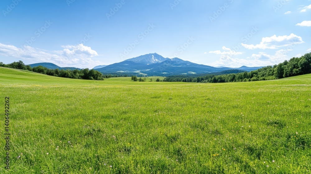 Vast green meadow stretches to a mountain range under a vibrant blue sky. Lush grass, dotted with wildflowers, fills the foreground, leading to a distant mountain peak. Tranquil summer landscape Vast green meadow stretches to a mountain range under a vibrant blue sky. Lush grass, dotted with wildflowers, fills the foreground, leading to a distant mountain peak. Tranquil summer landscape