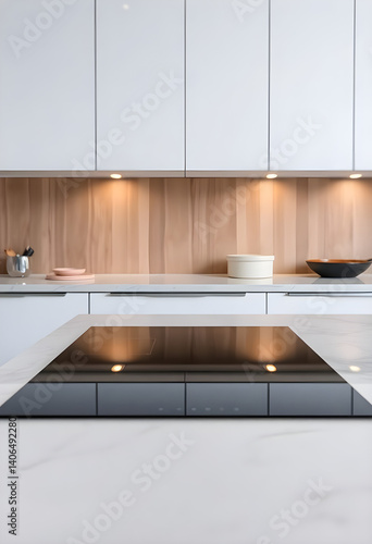 kitchen with a stove top and a bowl on the counter