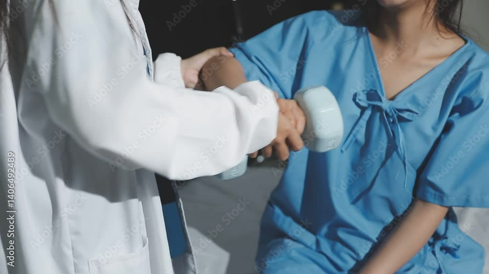 Old woman training with physiotherapist using dumbbells at home. Therapist assisting senior woman with exercises in nursing home. Elderly patient using dumbbells with outstretched arms. Old woman training with physiotherapist using dumbbells at home. Therapist assisting senior woman with exercises in nursing home. Elderly patient using dumbbells with outstretched arms.