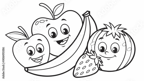 kids coloring page, fruits, cartoonish, friendly, thick outlines