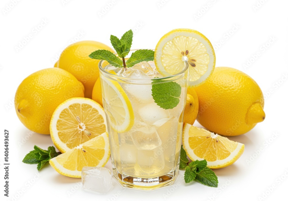 A refreshing glass of lemonade surrounded by fresh lemons and mint on a white background A refreshing glass of lemonade surrounded by fresh lemons and mint on a white background