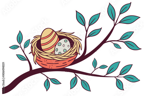 Abstract floral vector illustration with spring flower and bird nest with two eggs on branch with leaves,
