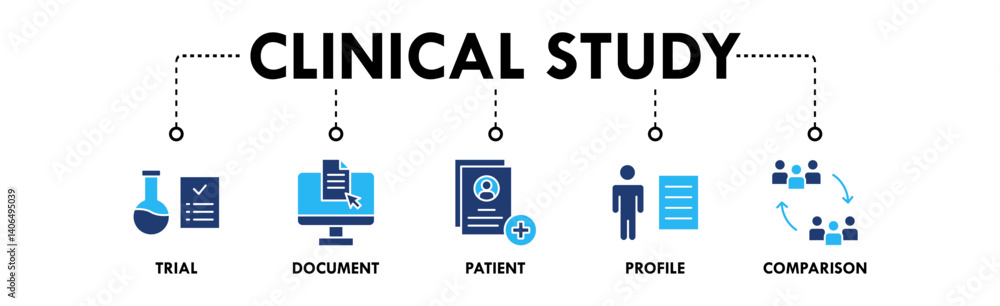 Clinical Study banner web icon illustration concept with icon of trial, document, patient, profile, and comparison Clinical Study banner web icon illustration concept with icon of trial, document, patient, profile, and comparison