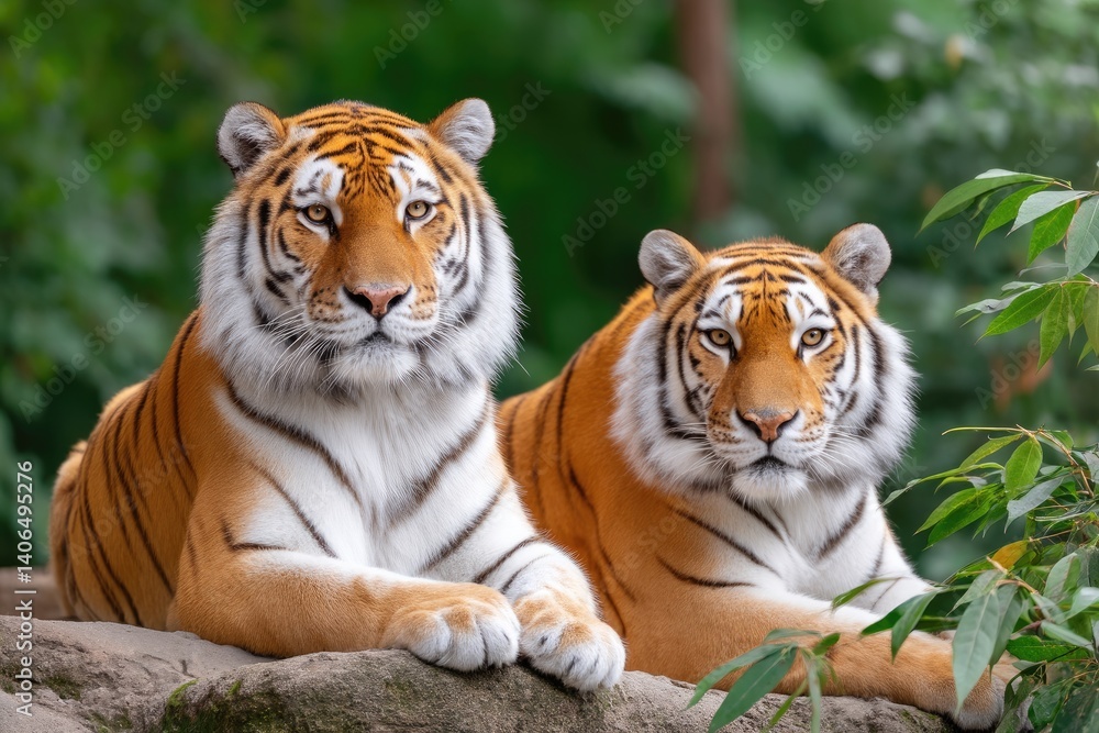 Naklejka premium Two majestic Siberian tigers rest side-by-side on a rock.