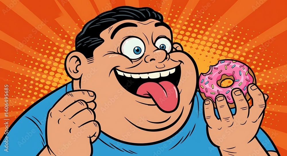 Fototapeta premium Cartoon Man Eating Donut with Pink Frosting and Sprinkles