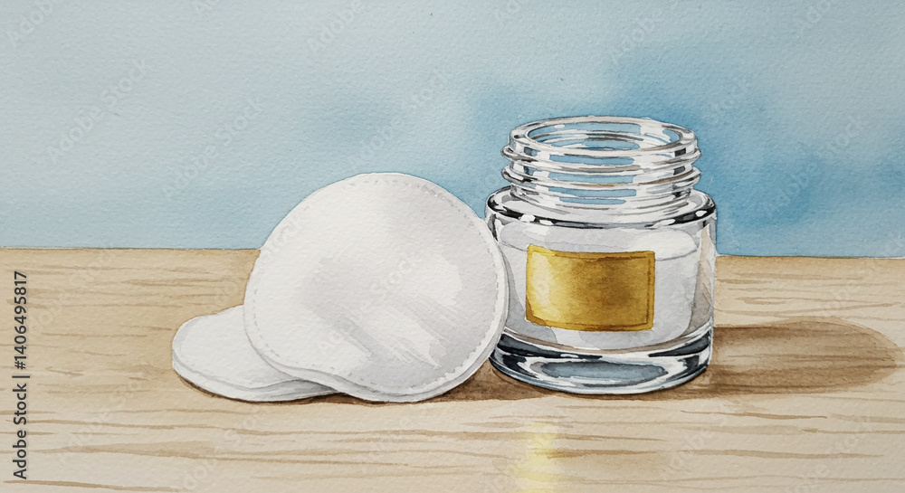 A still life of cotton pads and a clear jar with a gold label on a light wooden surface against a blue wall A still life of cotton pads and a clear jar with a gold label on a light wooden surface against a blue wall