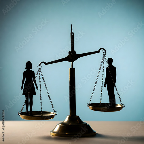 Silhouette of male and female figures balanced on scales symbolizing gender equality.