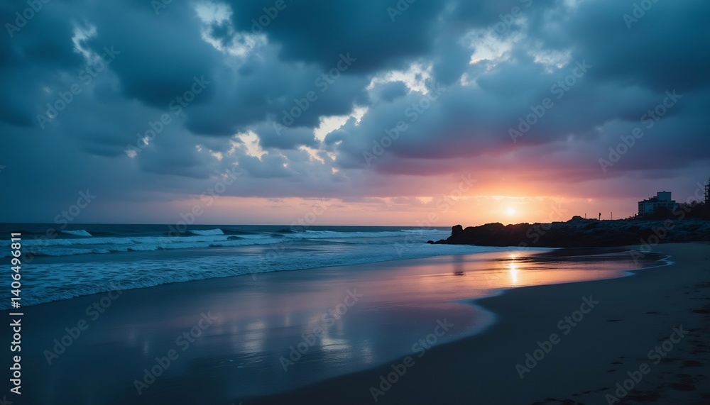 Obraz premium Sunset Beach: Capturing the captivating allure of a beach as the sun descends, casting a breathtaking tapestry of colors across the sky and sea. It's a peaceful retreat