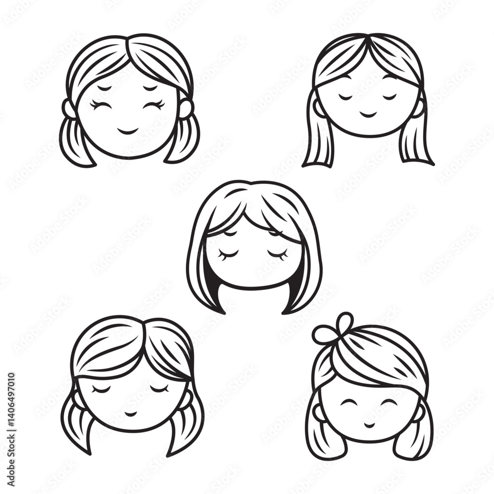 Set of Beautiful People Girl Face Character with Coiffure Hairstyle Hair in Line Art Style Set of Beautiful People Girl Face Character with Coiffure Hairstyle Hair in Line Art Style