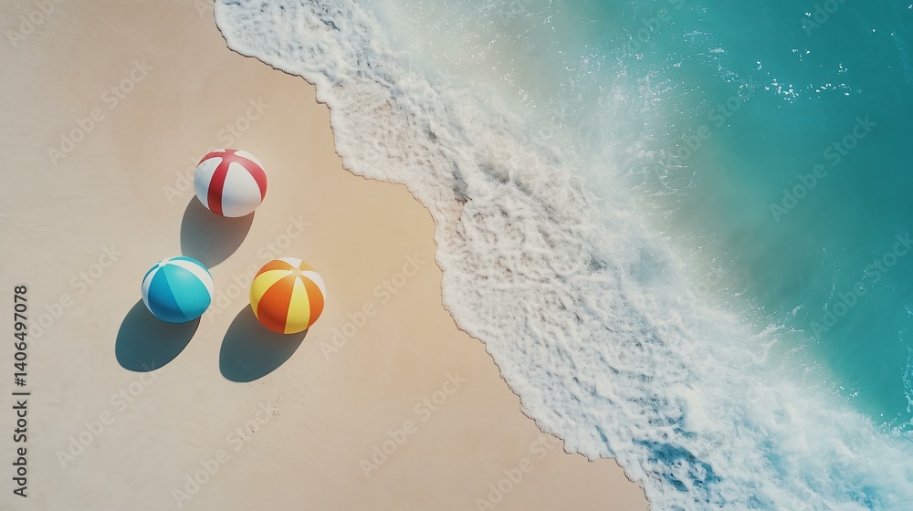 Obraz premium Holiday summer scene with beach ball and sand play, aerial view of detailed beach balls on sculpted sand art, radiant natural light from white clouds casting soft sand shadows, vibrant shore,