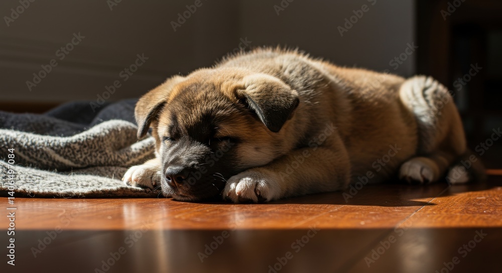 American Akita Puppy Sleeping Peacefully in Sunlight. Desktop wallpaper American Akita Puppy Sleeping Peacefully in Sunlight. Desktop wallpaper