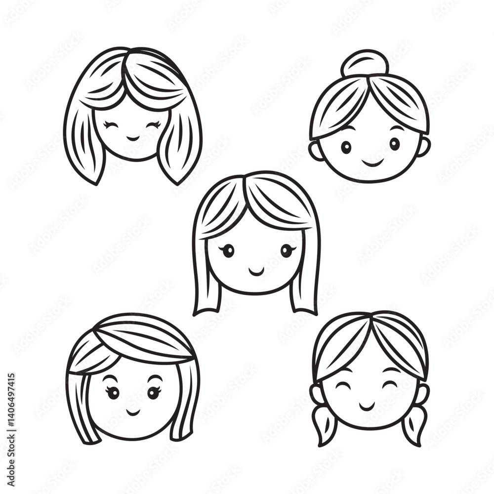 Set of Beautiful People Girl Face Character with Coiffure Hairstyle Hair in Line Art Style Set of Beautiful People Girl Face Character with Coiffure Hairstyle Hair in Line Art Style
