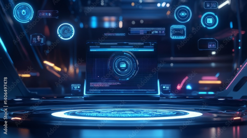 Sleek tech workspace with a laptop and animated AI chat interface, floating icons, and blue futuristic backdrop Sleek tech workspace with a laptop and animated AI chat interface, floating icons, and blue futuristic backdrop