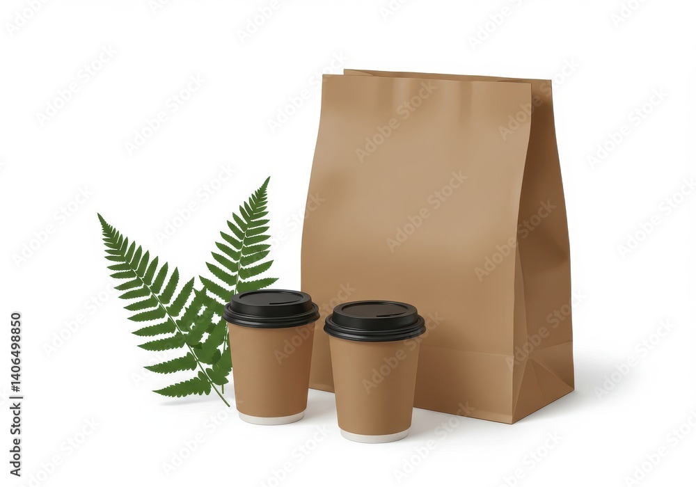 Two coffee cups with a bag and a fern leaf on a white background in a studio setting shot well Two coffee cups with a bag and a fern leaf on a white background in a studio setting shot well