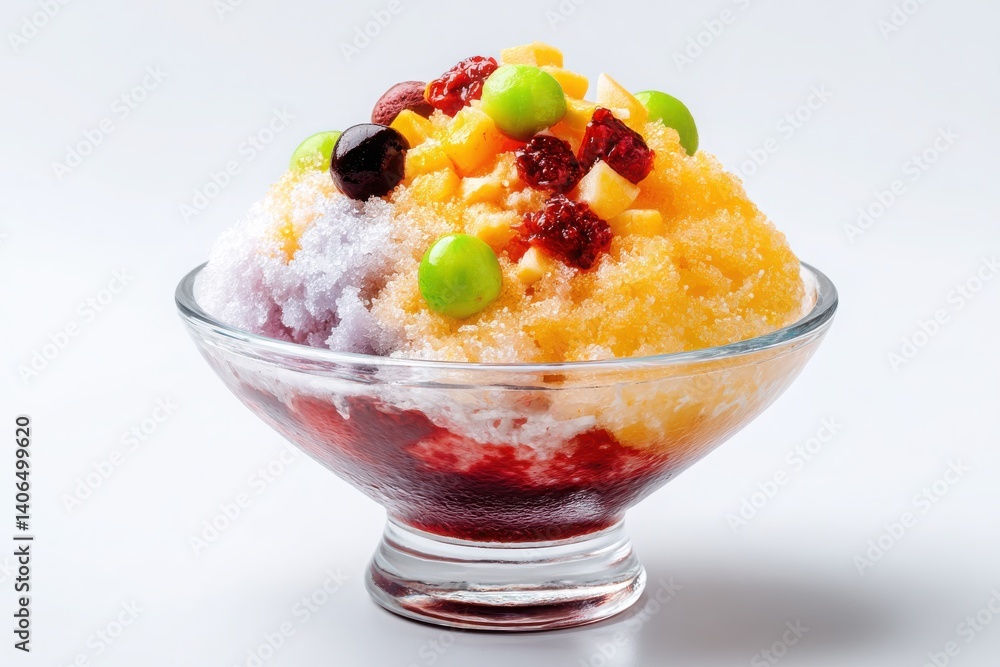 Ice cream with fruits. A serving of HaloHalo, a popular Filipino dessert, isolated on a clean white background, made with shaved ice, sweet beans, fruits, and other delicious ingredients Ice cream with fruits. A serving of HaloHalo, a popular Filipino dessert, isolated on a clean white background, made with shaved ice, sweet beans, fruits, and other delicious ingredients