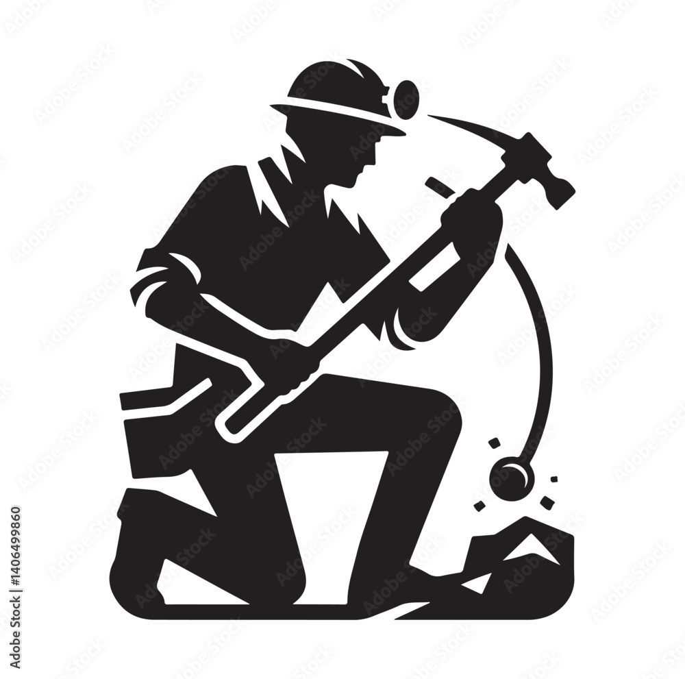 Obraz premium Mine worker, using a chisel and hammer silhouette vector illustration