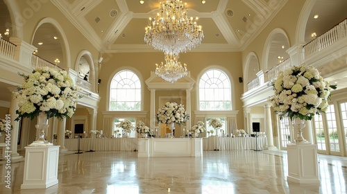 Majestic wedding celebration grand hotel lobby event setting luxurious environment elevated view crystal elegance