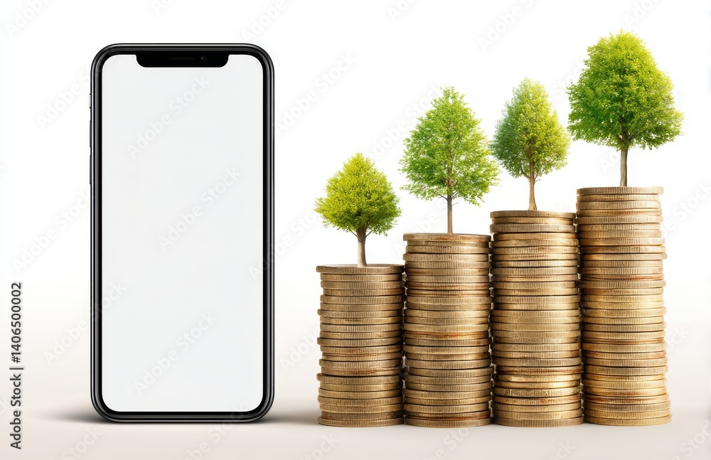 Unique Growth Concept with Stacks of Coins and Green Trees on Smartphone Display